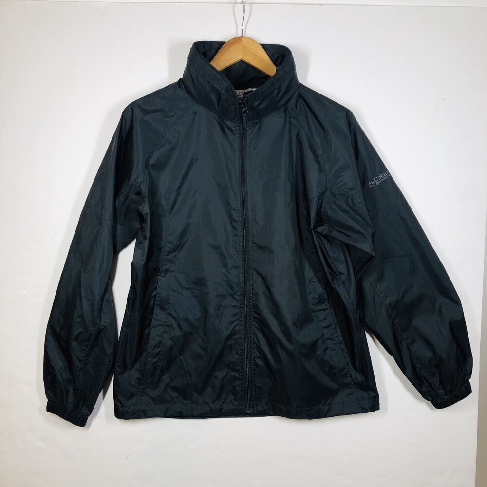Columbia Women's Solid Black Nylon Hidden Hood Zip Up Windbreaker Jacket MED